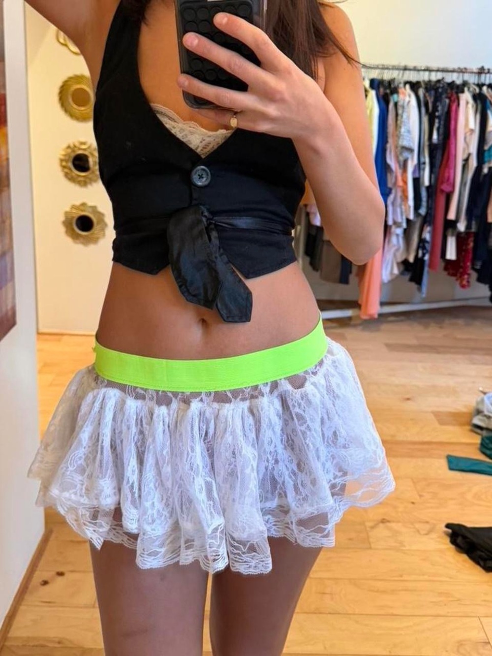 Lace Mini Skirt with Neon Waistband - White